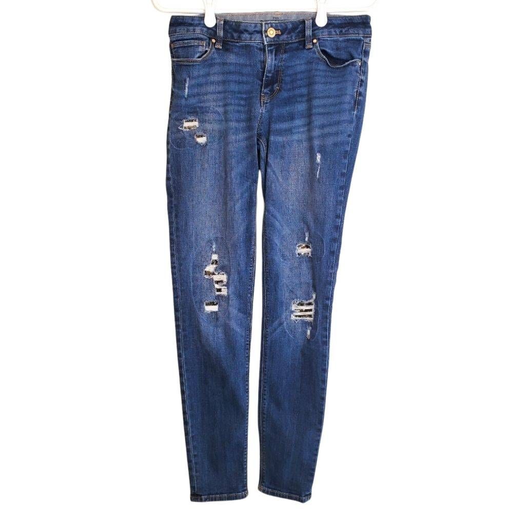 White‎ House Black Market The Skinny Distressed Sequin Dark Wash Jean Size 4